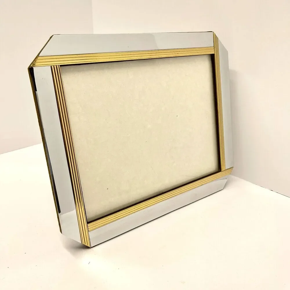 Art Deco Style Chrome & Gold Ribbed 8x10 Picture Frame Heavy Tabletop-Vintage